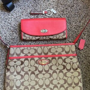 Coach Red and Brown Crossbody Bag with Wallet and Keyring NWT